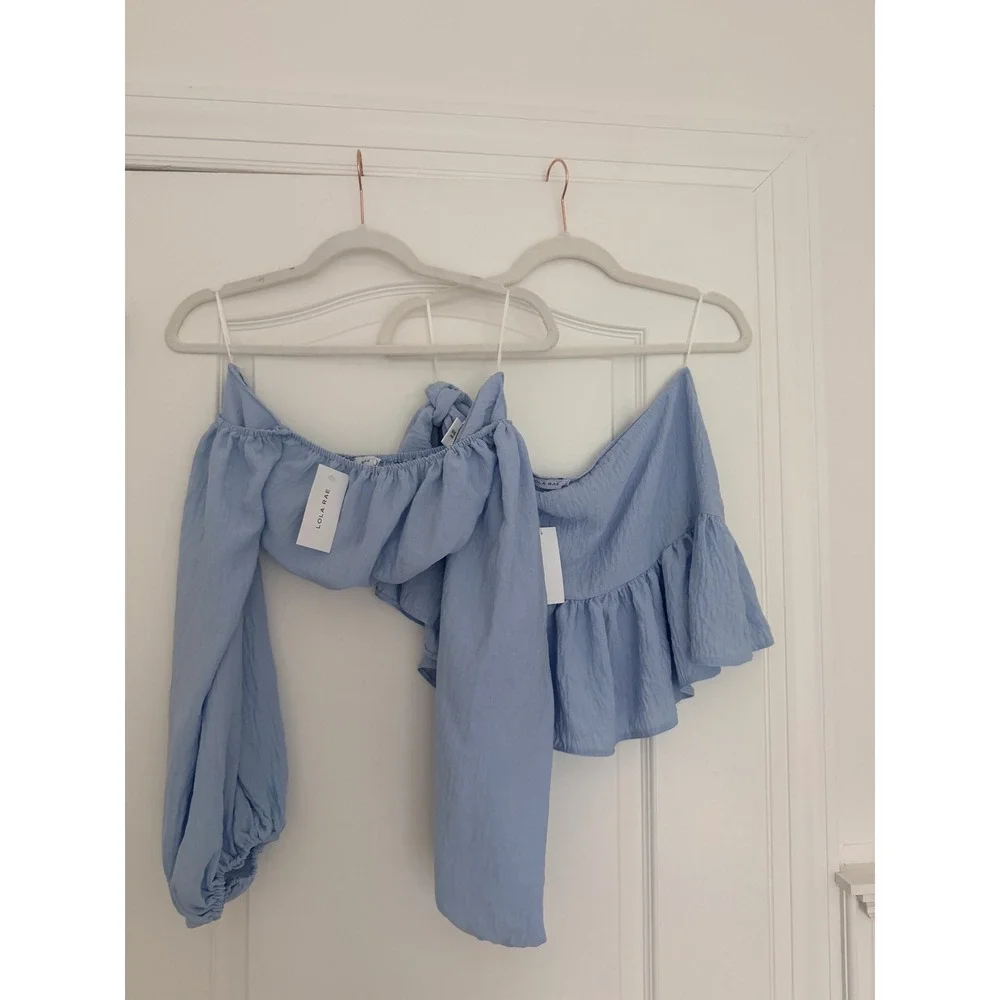 Lola Rae Jilly Co-Ord Blue Two Piece Set Crop Top Ruffle Skirt NWT Size M/L